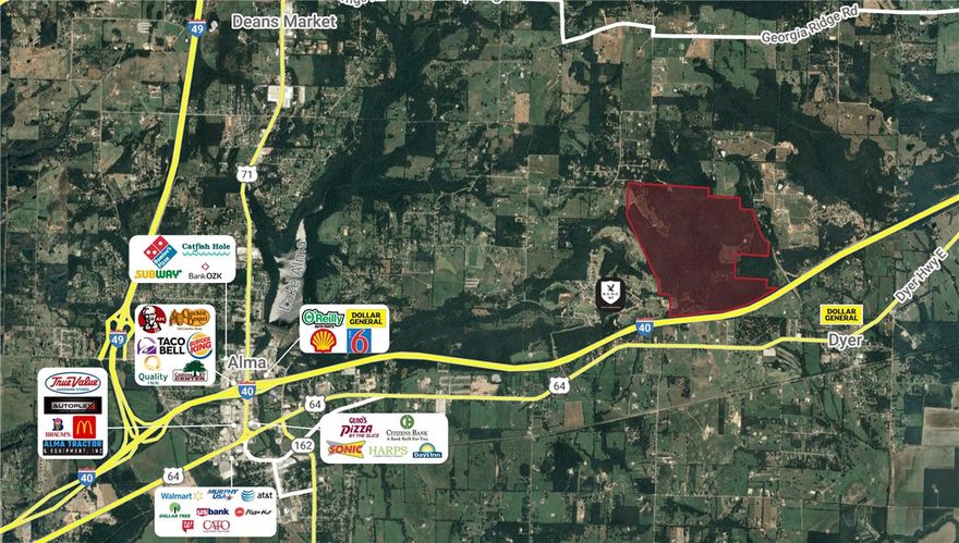 Over 500 Acres of versatile land with extensive frontage along Interstate 40. Strategically located in Alma, Arkansas, where I-40 (East-West) and I-49 (North-South) intersect. Adjacent to the esteemed Eagle Crest Golf Course, an 18-hole course and residential development