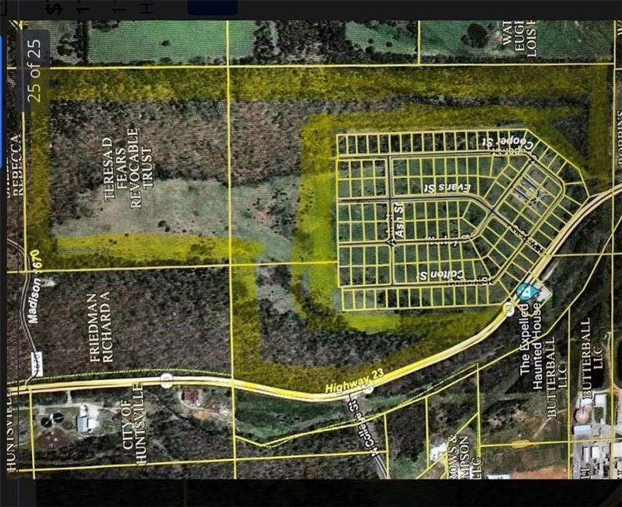 Developer’s dream property! Huntsville wants this subdivision finished. The city has already agreed to pave the road on the north side after annexation. The majority of the property is already within city limits and has all utilities adjacent to the south side, which borders the Cedar Bluff Subdivision. The city has agreed to be flexible on variances and setbacks.

Access to the property is available from all three (3) streets within the Cedar Bluff Subdivision. An additional access point is required off Highway 23, across from College Street and Butterball. ARDOT has already met with the current owner regarding this Highway 23 access point.

Water, sewer, and city support are in place. What more could you want?