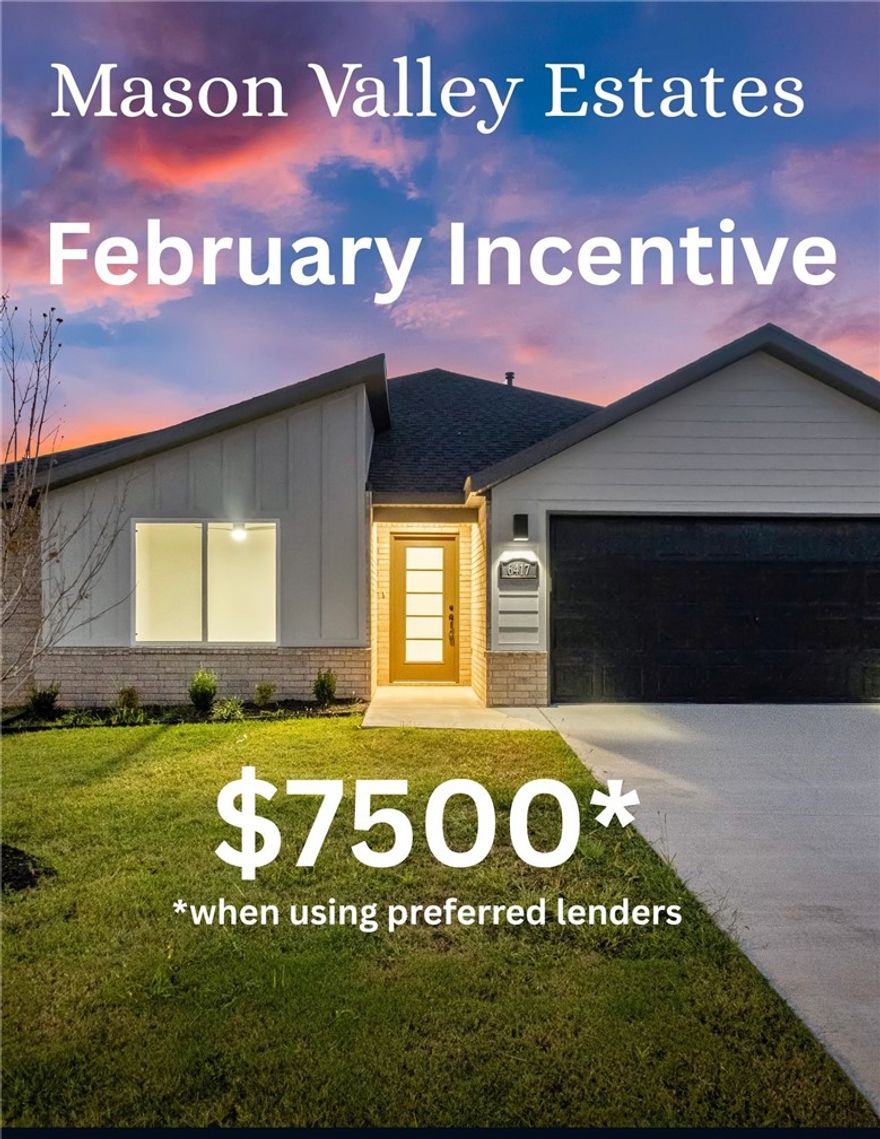 Open House Monday-Friday 11am - 3 pm. Check in at Model for tour. The Melbourne Plan, a stunning new construction home in Mason Valley Estates Subdivision, located in the desirable Bentonville Schools. Designed with style and function, this 3 bed, 2 bath home offers a perfect blend of modern elegance and everyday comfort. The open-concept layout invites you to see the spacious interior. At the heart of the home, the kitchen shines with granite countertops, custom cabinetry, a large island, and premium stainless steel appliances, making it perfect for hosting or casual dining. Cozy up by the gas fireplace in the living area or enjoy the practicality of a gas range for all your cooking. With luxury finishes throughout, this home is truly designed for today’s lifestyle. Situated in an exciting new community, future amenities include a pool, adding even more value to your investment.  Schedule your showing today and take advantage of the $5,000 builder credit, and up to $5,000 lender credit.