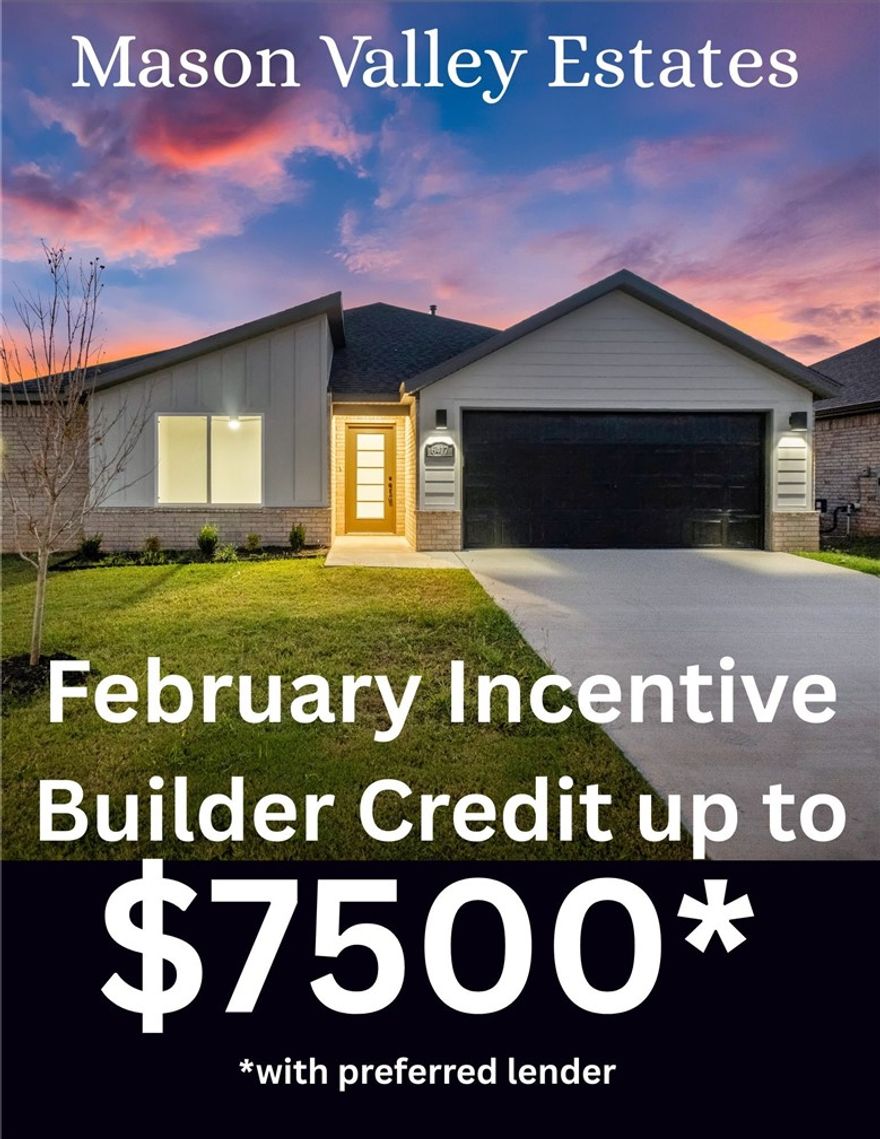 Open House Monday-Friday 11am - 3 pm. Check in at Model for tour. The Melbourne Plan, a stunning new construction home in Mason Valley Estates Subdivision, located in the desirable Bentonville Schools. Designed with style and function, this 3 bed, 2 bath home offers a perfect blend of modern elegance and everyday comfort. The open-concept layout invites you to see the spacious interior. At the heart of the home, the kitchen shines with granite countertops, custom cabinetry, a large island, and premium stainless steel appliances, making it perfect for hosting or casual dining. Cozy up by the gas fireplace in the living area or enjoy the practicality of a gas range for all your cooking. With luxury finishes throughout, this home is truly designed for today’s lifestyle. Situated in an exciting new community, future amenities include a pool, adding even more value to your investment.  Schedule your showing today and take advantage of the $5,000 builder credit, and up to $5,000 lender credit.