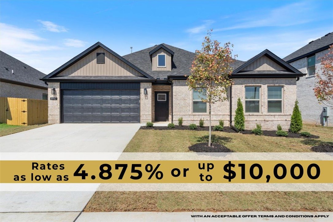 Builder is offering up to $10,000 IN CLOSING COSTS, APPLIANCE PACKAGE OR TOWARDS 2/1 RATE BUY DOWN with an acceptable offer!! The "ROSS" plan boasts a spacious single story open-concept layout with luxurious finishes including vaulted ceilings, quartz countertops, inviting entry way, upgraded lighting fixtures, custom cabinets, black stainless steel appliances, gas fireplace, gas range, oversized tiled walk in shower in primary bathroom with rainfall shower head & luxury vinyl plank floors throughout. Enjoy standard inclusions such as insulated garages, full home gutters, privacy fence, & 2ā blinds throughout. Community pool coming in Phase 2! Under 10 minutes to XNA Airport and under 20 minutes to Downtown Bentonville and New Walmart Campus!