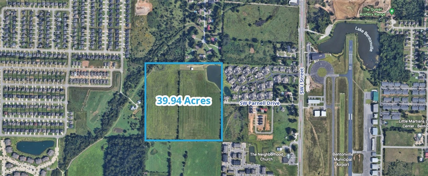 This 39.94 acre parcel has access from SW Parnell Drive on the East; as well as access to SW Bright Road (under construction) and SW Lofoten Road (under construction) to the south. It will need to be annexed into Bentonville. The highest, and best, use is multifamily residential, mid-density development, or as a retirement community.
• Designated as “Infill” on the Strategic growth zone map
• 18” sewer line on the NW side of property
• Gently sloping topography
• Close proximity to Osage Park
• 2 miles from Walmart Home Office
