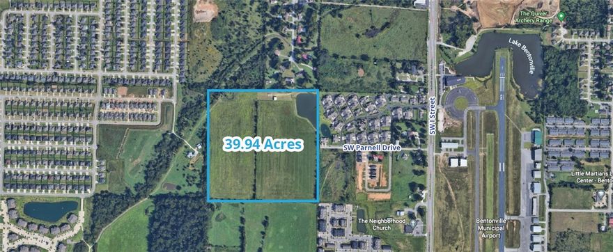 This 39.94 acre parcel has access from SW Parnell Drive on the East; as well as access to SW Bright Road (under construction) and SW Lofoten Road (under construction) to the south. It will need to be annexed into Bentonville. The highest, and best, use is multifamily residential, mid-density development, or as a retirement community.
• Designated as “Infill” on the Strategic growth zone map
• 18” sewer line on the NW side of property
• Gently sloping topography
• Close proximity to Osage Park
• 2 miles from Walmart Home Office