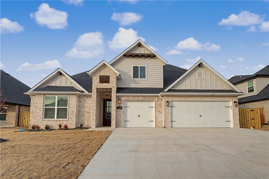 The Sullivan plan.  A popular two story layout. You are invited to experience a truly modern design and quality finish-out to go with an extremely pacticable price point.  Currently $212per sqft makes this the best value in NWA. Come see for yourself - from the curb you will see Brick, Stacked stone, Cement Siding or Hardie Board in all styles making each home a unique experience and gives a tremendous first impression.  Come drive this neighborhood and notice the "fountained" open area for dog-walking or runing. Splish-Splash in the sparkling neighborhood pool.  The Home's interior is exceptional in design and feel with so many custom features - the custom cabinets, countertops, and fixtures are the kinds found in luxury homes generally coming with a much higher price tag.  No septic tank to mess with. For a limited time, preferred lenders will provide up to $5,000 additional closing cost. Move in Ready~ Schedule your showing today! For a limited time, builder is offering $2500 toward closing costs!