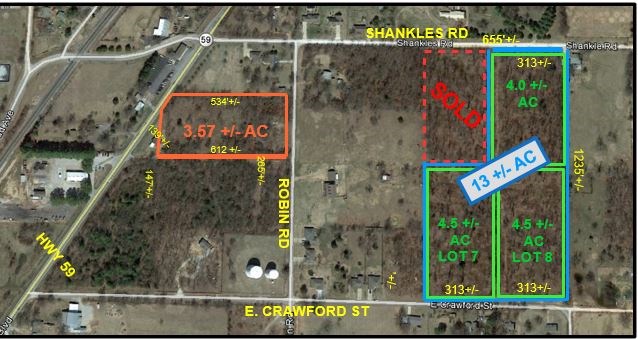 4.5(+/-) acreage is in the City of Gentry but you would think you were living in a rural area. Paved road. Lots of trees. City water and natural gas at the street. Lots of room for your dream house and a shop.
Additional 4.5 AC is available on the west side for a total of 9 acres in town. The property is brushy and not easily accessible to walk around.