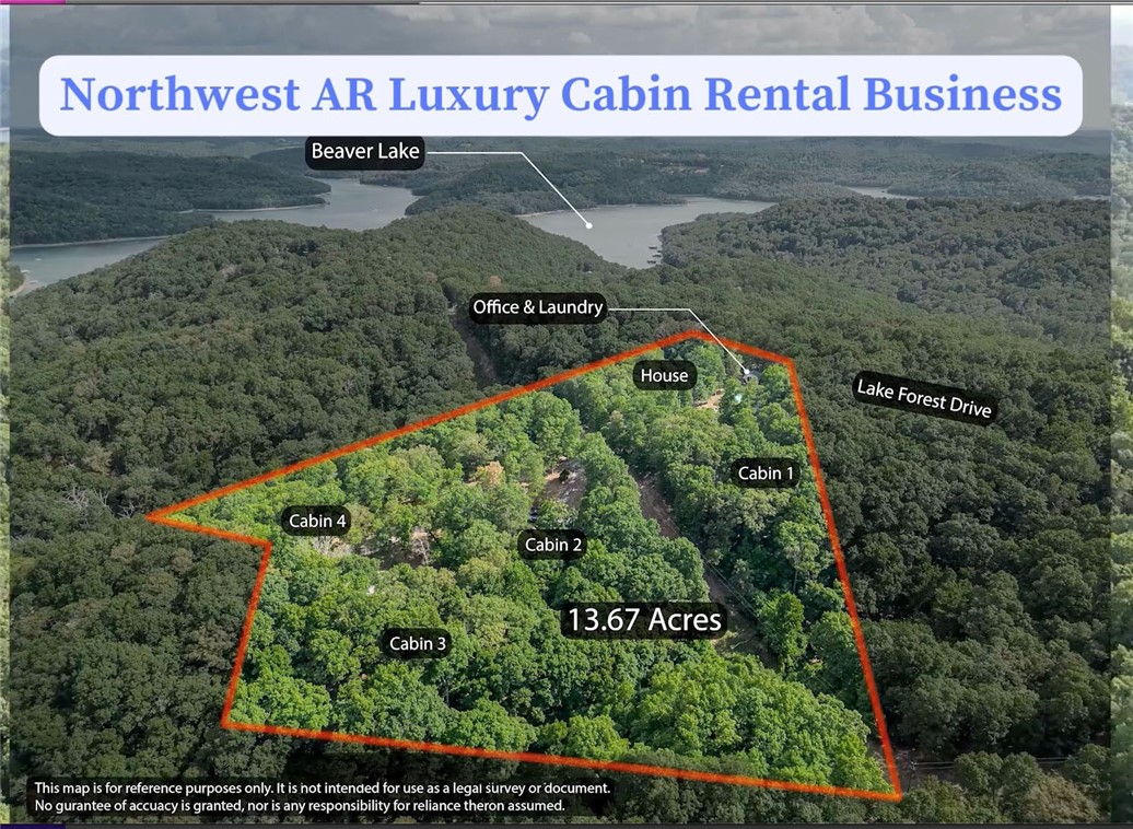 There are four luxury log cabins, an office, a pool, a laundry room, and a fire pit. The cabins are currently being used as short-term rentals. Cabins are two levels and can be rented as one or both floors. It is very secluded but close to Starkey Marina on Beaver Lake. The office could be a clubhouse or rental office with coined laundry. This property includes parcels 451-00001-000, 451-00002-000, and 451-0004-000. A residential log home is also available to purchase, MLS 1275988.