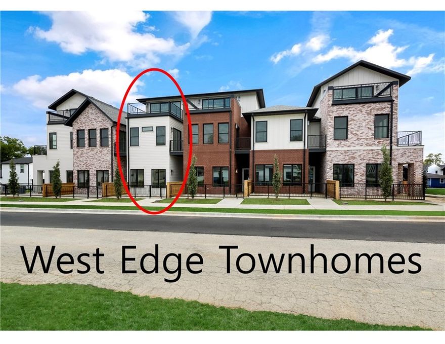 Welcome to West Edge Townhomes located in the heart of downtown Bentonville. There are 6 brand new townhomes to choose from starting at $800K. Just blocks from the several restaurants, shops, taverns and a short 7-minute walk to the Square. This townhome features high ceilings and an elevated designer feel. You will love the kitchen with an industrial gas range, large island, and a mix of white oak cabinets and dark grey painted cabinets. On the 2nd level, you have two incredible suites with huge walk-in closets and large spa-like bathrooms. On the 3rd floor a large "flex" room awaits with a large private bath which could be used as an amazing primary suite or game room/second living room. Enjoy the expansive view off the private balcony. This unit has an oversized 2-car garage. Out front is a private fenced-in courtyard to enjoy the cooler evenings. Homes are move-in ready now!