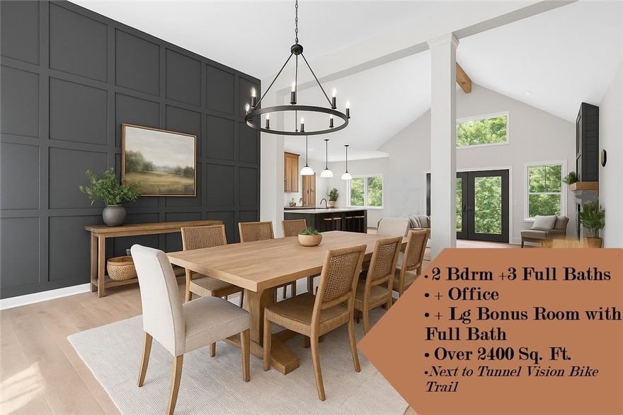 Stunning Modern Luxury Home with Breathtaking Ozark Views next to Tunnel Vision Bike Trail! Designed w/ elegance & functionality in mind. Soaring cathedral ceilings & premium finishes throughout—no detail has been overlooked & no expense spared. Step inside to find Luxury Vinyl Plank flooring that flows seamlessly across the spacious layout. The great room is filled w/ natural light from oversized windows that showcase the beautiful Ozarks. The kitchen is an entertainer’s dream, featuring a massive quartz island, white oak cabinetry, & a large walk-in pantry w/ modern barn door. Offering a spacious Office, bonus room: complete w/ built-ins & full bath —ideal for guests, hobbies, or a private retreat, plus 2 bdrms. The luxurious primary suite situated on in its own wing for privacy offers a spa-like bath & lg. closet, additional features, elegant finishes, and a seamless flow to outdoor living, enhance the home’s warmth & functionality. Don’t miss this rare beauty—book your tour before it’s gone!