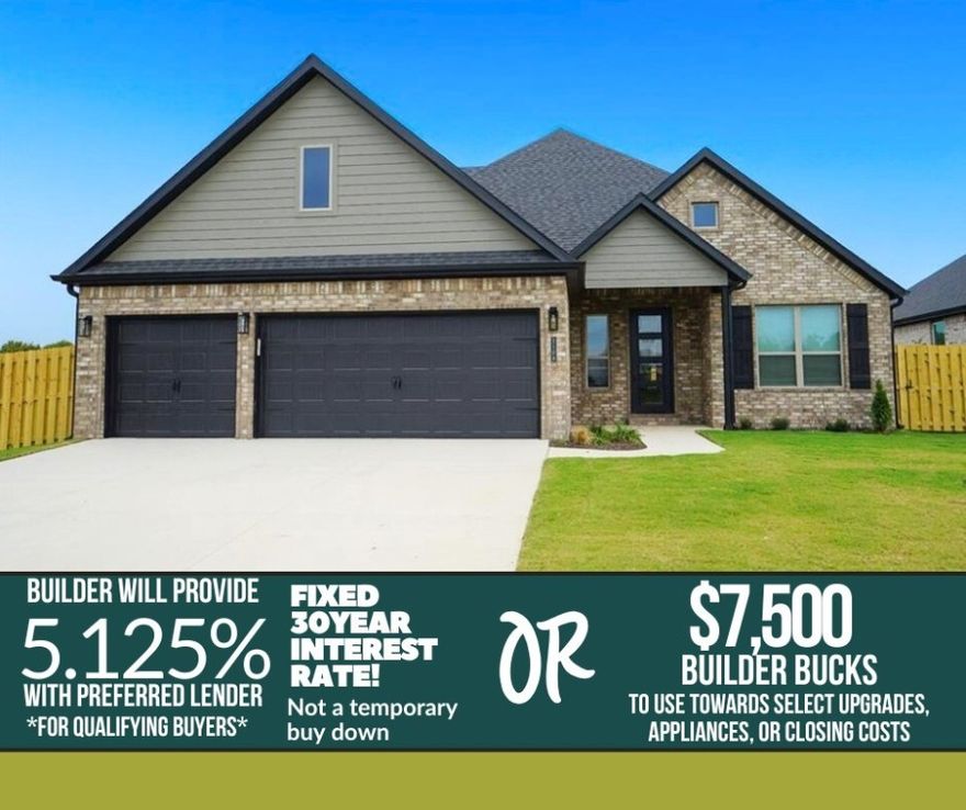 Fences, blinds, and gutters included! Pea Ridge is a growing community in Northwest Arkansas, and Concord presents a great opportunity to find your ideal home. This well-maintained, scenic neighborhood offers affordability and a welcoming atmosphere, making it a perfect fit for a variety of lifestyles. Welcome to the Hornbill Plan. This 4-bedroom, 3-bath home offers 2,310 sq ft of smart, functional living space with a layout perfect for comfort and flexibility. On the main floor, you’ll find a private primary suite featuring a large bathroom and walk-in closet with direct access to the laundry room—designed for everyday convenience. An additional bedroom and full bath are also located on the first floor, along with an open-concept kitchen, dining, and living area that flows seamlessly to the covered back patio—ideal for entertaining or relaxing outdoors. Upstairs, two more bedrooms and a full bathroom. A 3-car garage completes the home, offering plenty of storage and parking.