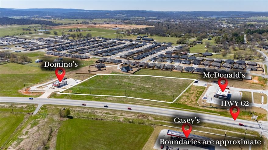 High-Visibility Development Opportunity on Highway 62.
This prime commercial acreage in Prairie Grove, Arkansas, offers an unmatched opportunity in one of Northwest Arkansas’s most aggressive growth corridors. Positioned along high-traffic Highway 62, the property features flexible lot sizing for subdivides, ideal for businesses requiring 0.5 to 1.5-acre footprints such as automated car washes, oil change centers, and fast-food franchises. Investors should also note the significant 6.0-acre tract situated just south of Domino’s, perfect for a signature retail center or anchor tenant. The site is fueled by a massive residential surge, with future development plans already beginning on the east side of Heritage Parkway to add even more development options in the future. With Prairie Grove’s population projected to clear the 10,000-resident mark by 2027, demand for local services and restaurants is at an all-time high. This site offers level topography and ready access to recently expanded city utilities.