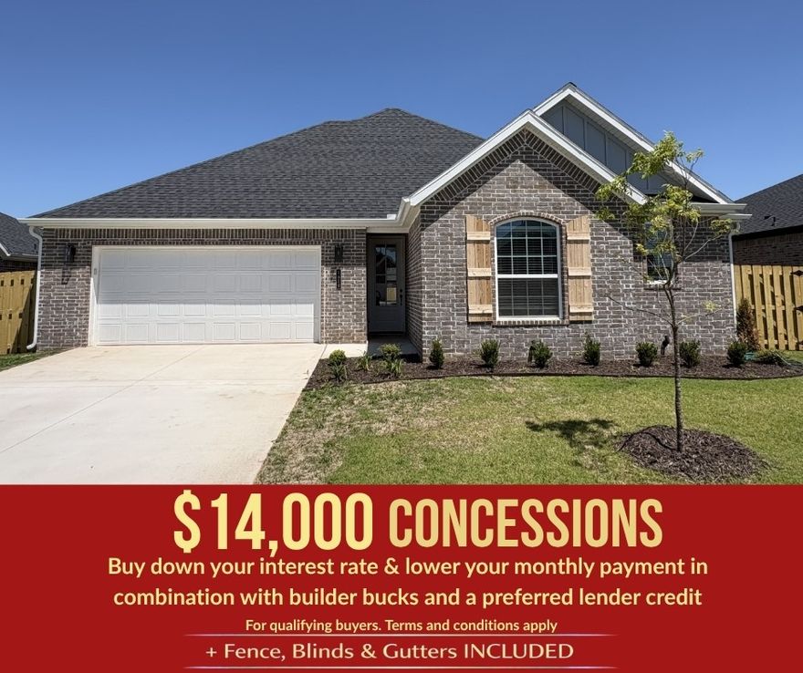Discover Yorktown Subdivision in Pea Ridge, Arkansas—where classic design meets modern living in a welcoming community. The Robin floor plan offers 1,771 square feet of thoughtfully designed space, featuring 4 bedrooms, 2 bathrooms, a 2-car garage, and the convenience of one-story living. This home is built for both comfort and functionality, with a back patio that comes pre-wired for a fan and TV, making outdoor relaxation and entertainment effortless. Inside, a reliable gas water heater ensures quick and efficient hot water throughout the home. With its spacious layout and practical upgrades, the Robin plan is perfect for everyday living and entertaining alike.For a limited time, Lower your interest rate with $7,500 from the builder + $2,500 appliance allowance + up to 4k in closing costs from select lenders. For a total of up to 14K with lender incentives. Fence, blinds, and gutters are all included.