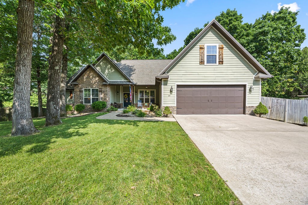 Beautiful Bella Vista home near Blowing Springs Park and trails. Fantastic floor plan with 4 bedrooms, 3 baths PLUS an office with functional built-ins all on the main floor. Upstairs bonus room plus nearly 800sqft of extra storage (suitable to be converted to living space). New HVAC 2023. Spray foam insulation. 4x6 above ground FamilySAFE storm shelter. Oversized garage provides even more storage. Home is on public sewer. Multiple outdoor spaces ready to be enjoyed, from the porch swing to the fire pit to the big fenced yard surrounded by nature, you'll be entertained all year long.