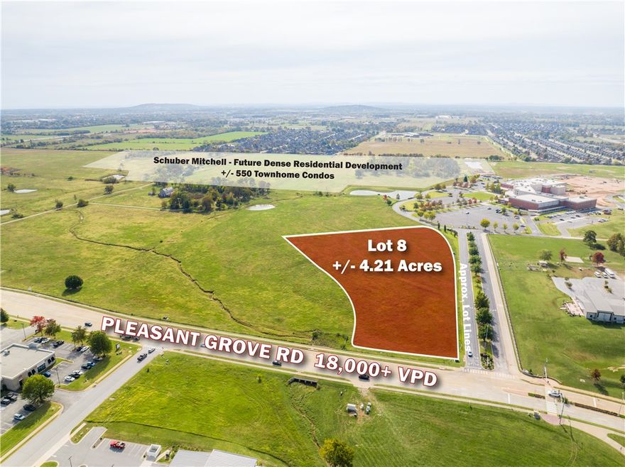 Exceptional Site Development Opportunity! +/- 4.21 acres of prime commercial land off I-49 in Rogers,
AR. This flexible parcel supports commercial, multifamily, or mixed-use development. A rare chance to
join one of the last remaining master-planned communities in the heart of Northwest Arkansas. Full
utilities: gas at the street, 10" sewer lines, 24" water line, and electric on site. The site plan is
preliminary; shape, size, and access may change to suit the end user. Surrounded by top retailers—Walmart, Starbucks, Chick-fil-A, Casey’s and a future Dick’s Sporting Goods—this location is ideal for high-traffic commercial use. Traffic counts reach +/- 110K VPD on I-49 and 18K on W Pleasant Grove Rd. Just 2.5 miles from Top Golf and Walmart AMP, 10 min from Walmart’s new HQ, and under 20 min to XNA. UAMS is building nearby, and Schuber Mitchell Homes plans +/- 520 housing units. Avg. household income within 1 mile is +/- $170K—fueling growth at this dynamic site.