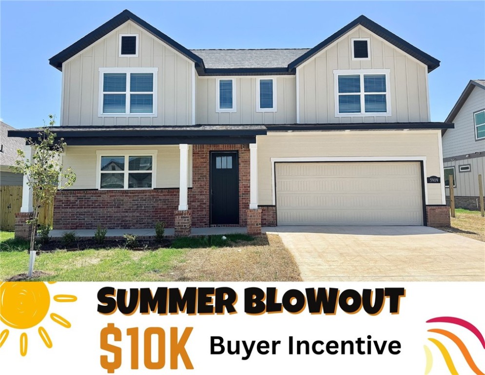 SUMMER BLOW OUT- $10K from Builder for closing cost! Fence, blinds and gutters included! Discover your dream home in the sought-after Osage Hills neighborhood. Frisco plan with garage on the right and North facing! 9ft ceilings, linear electric fireplace, LVP flooring throughout the main living areas and primary bedroom, quartz countertops and more. Chef's kitchen boasting frigidaire stainless steel appliances, gas range, pantry, quartz countertops, bar pull handles, large island and gorgeous backsplash. Luxurious primary bedroom features abundant natural light, while the spa-like primary bathroom offers a walk-in shower, tub, double sinks, and spacious walk-in closets. Additional features include three large secondary bedrooms upstairs and a separate laundry room. Nestled on a generous lot with covered patio that overlooks the serene sodded, fully fenced backyard. Sturdy concrete siding & brick! Model home located at 6008 SW Coywolf St- Lot 122.