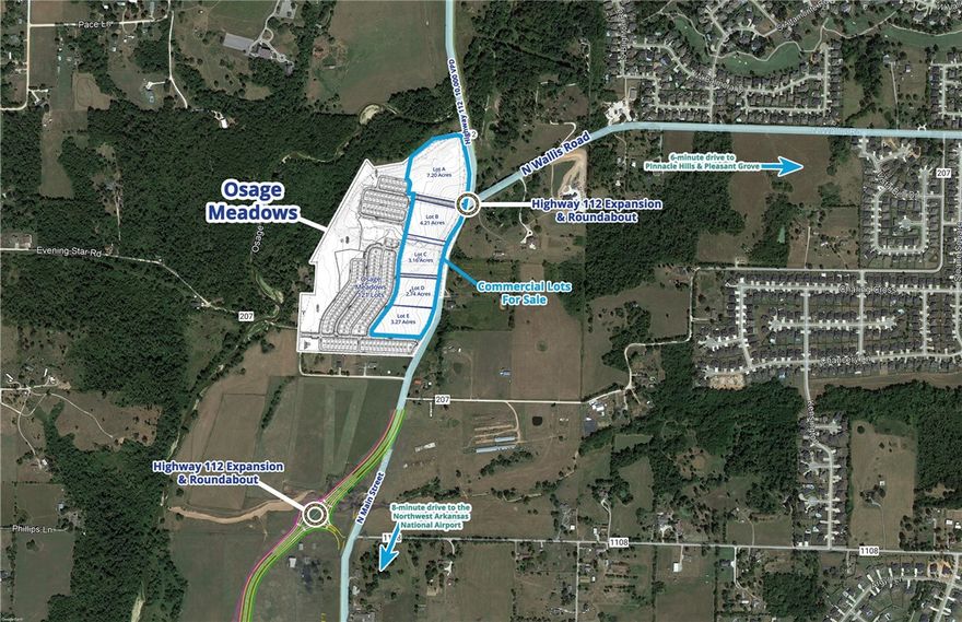 Several commercial lots fronting Highway 112 for sale and ready for development in Cave Springs, Arkansas. Lots will be fronting future residential development, Osage Meadows with 121 single-family homes. Highway 112 is undergoing road improvements and widening, which gives the corridor great future growth opportunity. The intersection of Highway 112 and Wallis Road will soon have a roundabout.
• Several Highway 112 commercial lots for sale
• Highway 112 boasts more than 10,000 cars per day
• Future roundabout on Wallis Road
• In a direct path of growth
• Part of Osage Meadows PZD in Cave Springs which allows a long list of commercial uses (check with broker for approved uses)