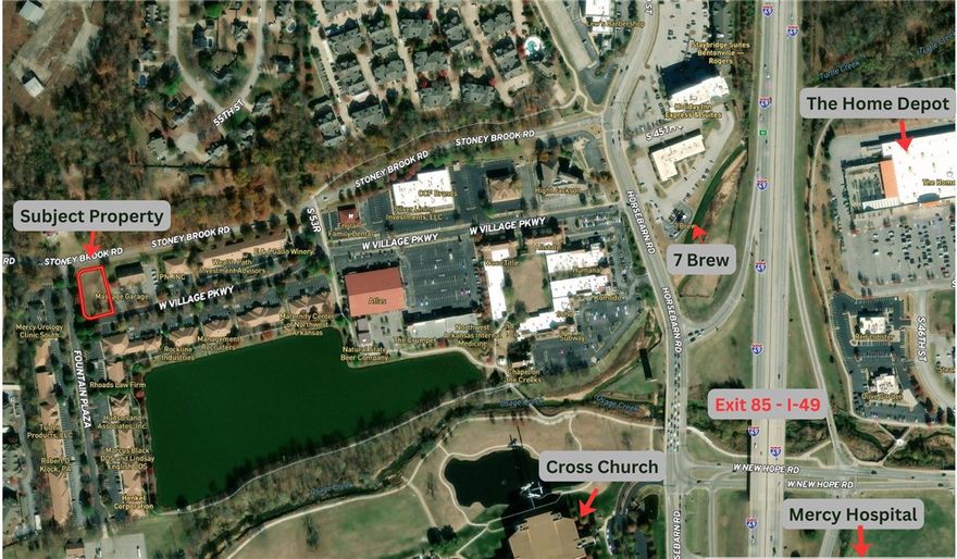 The last available vacant tract in Village on the Creeks! The 0.7 acre tract sits perfectly in established business park in the heart of Rogers and claims having the largest garden office park in NWA. Great development potential and high traffic count. Would make a great spot for a restaurant, medical business, office or retail with frontage on W Village Pkwy, W Stoney Brook Rd, & Fountain Plaza. Covenants allow for a two story building. Picture included of 3D rendering of office space seller has had completed.  The Seller has invested a substantial amount in services related to this subject property all of which could be shared.  4 minutes to the intersection of J St & Walton Blvd. Seconds to Razorback greenway, a gorgeous lake and right off of I-49.