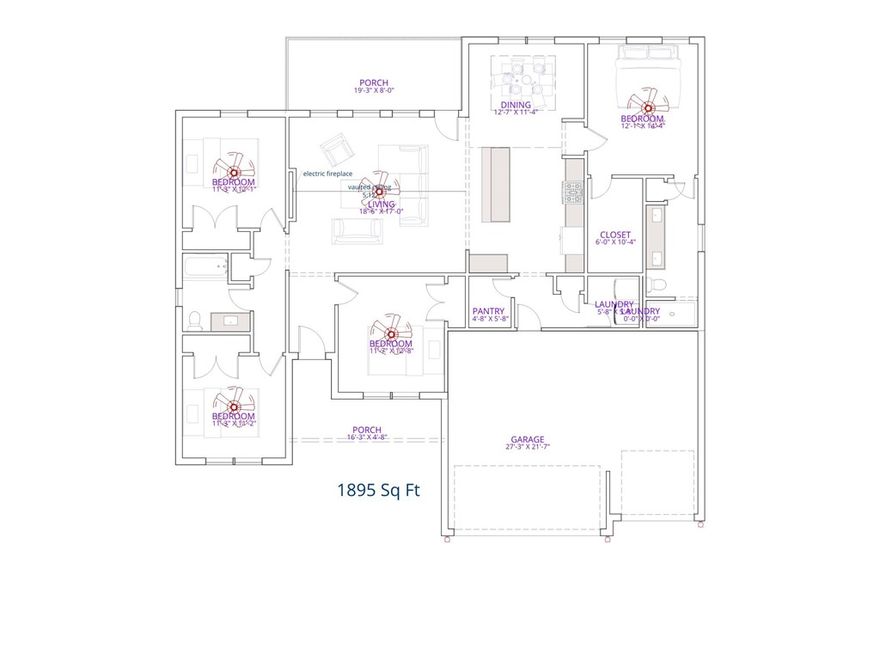 Experience the Marvin plan at Spring Creek Farms. This modern community will feature a community pool, playground and walking trails. The Marvin Plan offers refined single-level living with a thoughtfully designed 4-bedroom, 2 bath layout that blends comfort and sophistication. The open-concept design is enhanced by soaring vaulted ceilings accented with beams, and electric fireplace. The kitchen is beautifully appointed with custom soft-close cabinetry extending to the ceiling, a gas range, fully vented hood, and built-in microwave—perfectly balancing style and functionality. The primary suite is a serene private retreat, featuring a a tray ceiling in the bedroom and a luxurious walk-in shower for a true spa-like escape. A 3-car garage and a large covered patio with gas and ethernet hookups complete this thoughtfully crafted luxury design