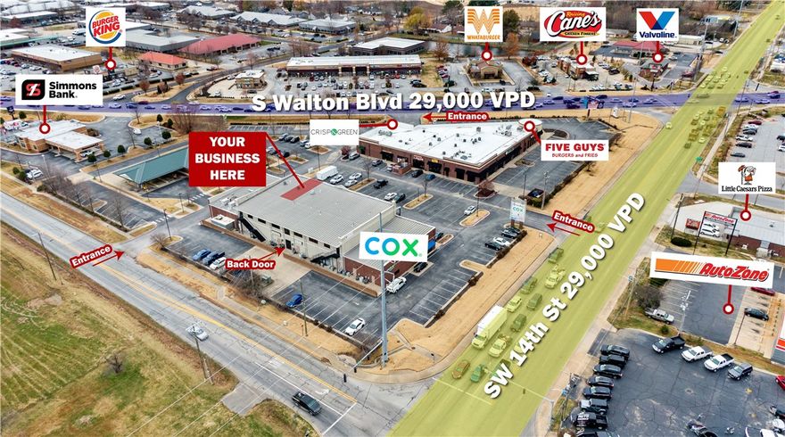 Discover a refreshed office space perfect for your business needs! +/- 480 SF office located is in the heart of Bentonville, at the bustling intersection of Walton Blvd and 14th St, with around 28,000 VPD. This space offers a functional layout measuring 15 ft wide by 32 ft deep, including a compact reception area and access to a balcony; and convenient elevator access to get to the second floor. Situated only 5 minutes from Centerton and Rainbow Curve, 8 minutes from I-49, and 10 minutes from Bella Vista, making this a very centrally located suite. It's also only 5 minutes from Walmart's new HQ! Tenant pays $150/mo for all utilities. Ideal for fostering business growth, this modern office space won't last long!
