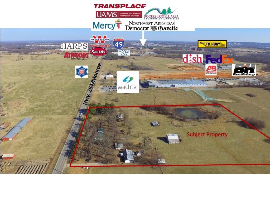 Prime commercial development opportunity located in the fast-growing Lowell corridor featuring JB Hunt Transport, Transpace, UAMS, Mercy, Democrat Gazette, Harps Grocery, Fed-Ex, Arvest, Atwoods, Workmans & more. 9.33 acres offering 535ā of frontage along Hwy. 264/Monroe that is slated to become a 5 lane highway. Perfect spot for a mixed use development. This location provides great visibility but also convenient access to the Razorback Greenway, access to Bentonville/Rogers to the north and Fayetteville/Springdale to the south.