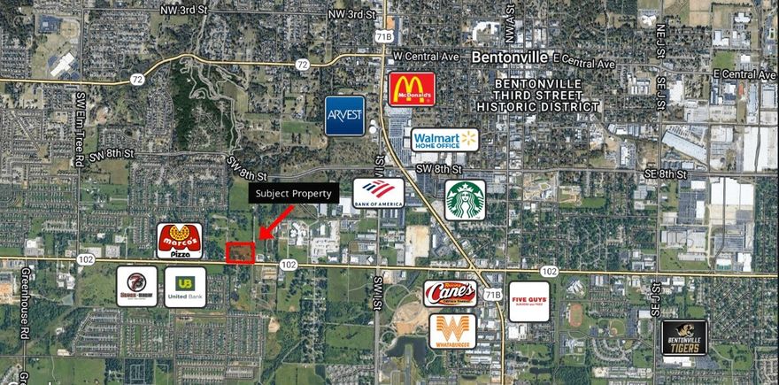 Discover an excellent opportunity in Bentonville, Arkansas! This 7.29 acre property has endless opportunities. With its prime location and expansive acreage, this property presents ample potential for
residential or commercial development! 32,000 CPD on SW 14th St / Hwy 102. Within 1.5 miles of Walmart Home Office. High visibility and easy access from SW 14th St & Hwy 102. Surrounded by established businesses and commercial development. Close proximity to major highways and residential neighborhoods. Water on-site & sewer at street.