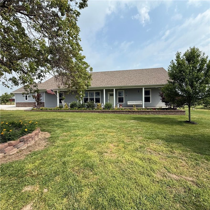 This amazing 10 acre property is ready to move in! Built in 2020, 3 bedroom and 2.5 bath home is 1984sf, comes with a metal shop, with a shed for tools and livestock barn and corral area. Pond that is stocked(bass, bluegill, and catfish).  Fruit producing trees on property. Wonderful views all around. Well maintained the owners thought of everything. Within the city limits of Highfill. Comes with Vivint security, on monthly plan. Plant with red ribbon  in the back yard will not stay and the swing on the front porch will not stay. See attachments. Wheelchair accessible through garage and all doors are 36 inches wide. Storm shelter in home.