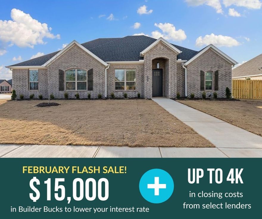 FLASH SALE: Contract in Feb and receive 15K in builder bucks and up to 4K from select lenders. Be greeted by the intricate trim work when you step inside the Foxwood Plan, and be impressed by the amount of storage throughout this 2,335 ft floorplan. Fence, blinds, and gutters are all included. 4 bedrooms, 2.5 bath, and a spacious side-load 3-car garage, this home features a split floor plan that provides added privacy for the primary suite. Enjoy designer touches throughout, including quartz countertops, luxury vinyl plank flooring, accent walls, and framed mirrors in the bathrooms. The fully insulated garage and walls ensure year-round comfort and energy efficiency, while the utility room off the dining area and mudroom off the garage add everyday convenience.