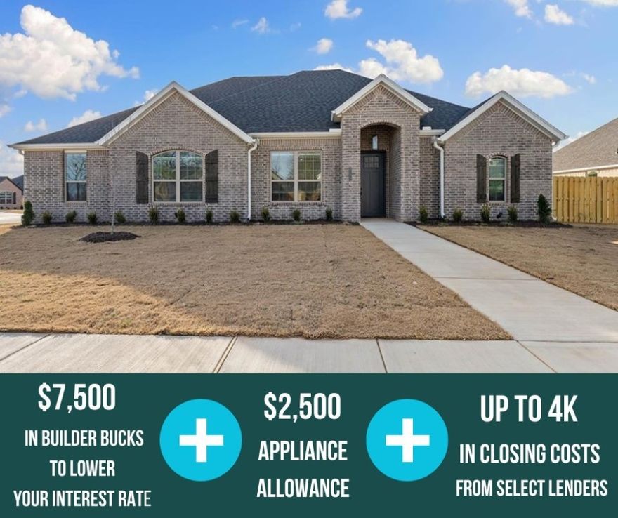 Be greeted by the intricate trim work when you step inside the Foxwood Plan, and be impressed by the amount of storage throughout this 2,335 ft floorplan.  For a limited time, Lower your interest rate with $7,500 from the builder + $2,500 appliance allowance + up to 4k in closing costs from select lenders.  For a total of up to 14K with lender incentives. Fence, blinds, and gutters are all included. 4 bedrooms, 2.5 bath, and a spacious side-load 3-car garage, this home features a split floor plan that provides added privacy for the primary suite. Enjoy designer touches throughout, including quartz countertops, luxury vinyl plank flooring, accent walls, and framed mirrors in the bathrooms. The fully insulated garage and walls ensure year-round comfort and energy efficiency, while the utility room off the dining area and mudroom off the garage add everyday convenience.