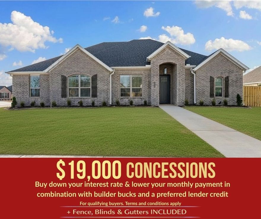For a limited time receive 15K in builder bucks and up to 4K from select lenders. Be greeted by the intricate trim work when you step inside the Foxwood Plan, and be impressed by the amount of storage throughout this 2,335 ft floorplan. Fence, blinds, and gutters are all included. 4 bedrooms, 2.5 bath, and a spacious side-load 3-car garage, this home features a split floor plan that provides added privacy for the primary suite. Enjoy designer touches throughout, including quartz countertops, luxury vinyl plank flooring, accent walls, and framed mirrors in the bathrooms. The fully insulated garage and walls ensure year-round comfort and energy efficiency, while the utility room off the dining area and mudroom off the garage add everyday convenience.