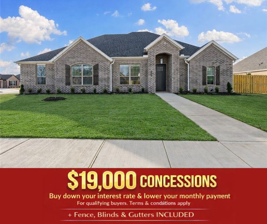For a limited time receive 15K in builder bucks and up to 4K from select lenders. Be greeted by the intricate trim work when you step inside the Foxwood Plan, and be impressed by the amount of storage throughout this 2,335 ft floorplan. Fence, blinds, and gutters are all included. 4 bedrooms, 2.5 bath, and a spacious side-load 3-car garage, this home features a split floor plan that provides added privacy for the primary suite. Enjoy designer touches throughout, including quartz countertops, luxury vinyl plank flooring, accent walls, and framed mirrors in the bathrooms. The fully insulated garage and walls ensure year-round comfort and energy efficiency, while the utility room off the dining area and mudroom off the garage add everyday convenience.