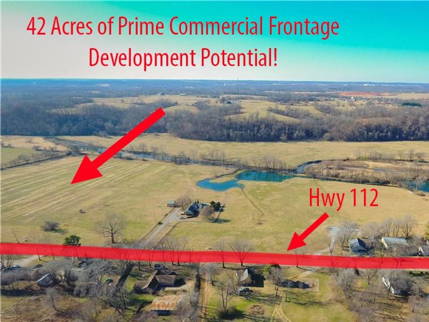 Prime Development Property in fastest growing area of NW Arkansas! 42.39 acres with over 1000 ft. of commercial frontage on Hwy 112 that is a half mile from Downtown Cave Springs. City approved future land use map for Commercial/Mixed Use. Perfect opportunity for development potential for residential, commercial and retail in one of the fastest growing areas of Benton County. New proposed future Highway 112 widening makes this property highly desirable for development. Sewer Available 2025.  Adjoining acreage available MLX 1289472.