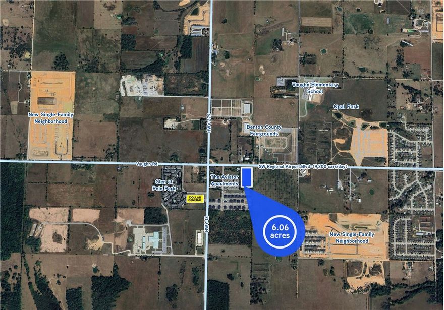 • 6.06 acres available
• Frontage is zoned C-2 and Rear is zoned R-4 in Bentonville
• Current zoning allows for a mix of commercial and residential/multifamily use
• Previously approved large scale development plan for multifamily and retail
• New 2025 Bentonville use plan designates this parcel as “Center Regional”
• Bentonville water and sewer on site
• Close proximity to multiple new single-family developments
• Adjacent to The Aviator Apartments and Walmart-owned parcel