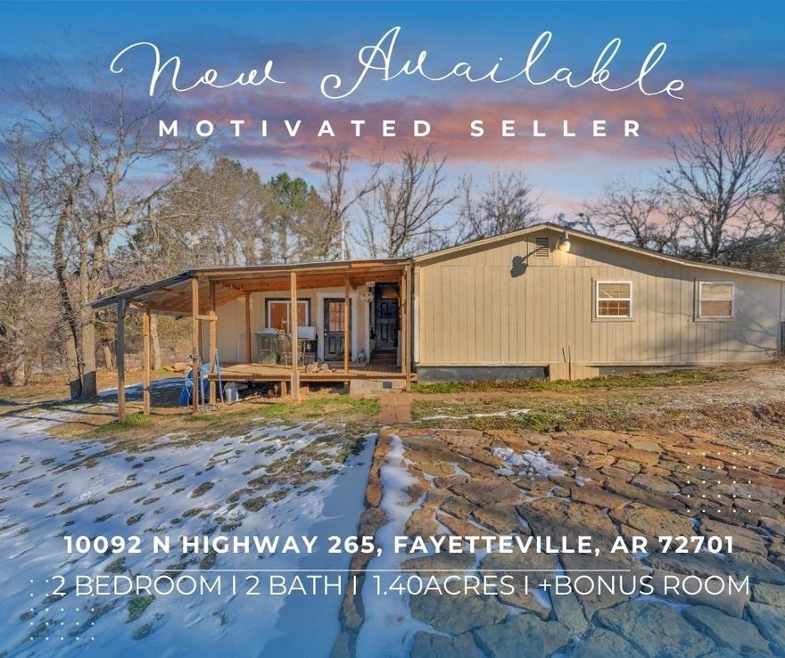 Country living close to town! 1.40 acres, RD eligible, outside city limits. Bring your horses, chickens, and cows.Enjoy peaceful living on 1.40 acres just outside Fayetteville city limits. This property features a 2-bedroom, 1-bath home with a bonus room and plenty of space for animals. Major updates include HVAC (2022), roof (2018), water heater replaced Feb 2025, and recently serviced septic. Conveniently located minutes from I-49, the University of Arkansas, and downtown Fayetteville.