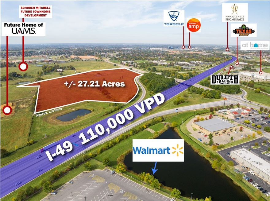 Exceptional Site Development Opportunity! +/- 27.21 acres of prime commercial land just off I-49 in
Rogers, AR! This highly visible site offers direct access from Exit 81 and boasts full utility access, with
water, sewer, and gas available at the street and electric available on site. The current site plan is preliminary; shape, size, and access are subject to change and can be tailored to suit the end user. Surrounded by top national retailers such as Walmart, Starbucks, Chick-fil-A, McDonald's, Academy, and Ross, the property is ideally positioned for high-traffic commercial use. Ideal spot for retail, big box, grocery, and more. Located just 2.5 miles from Top Golf and Walmart AMP, 10 minutes from the new Walmart World HQ, and less than 20 minutes to XNA. Additionally, University of Arkansas for Medical Sciences (UAMS) is building a new facility directly next to this site, and Schuber Mitchell Homes is set to develop +/- 520 housing units - fueling growth and foot traffic to this dynamic location.