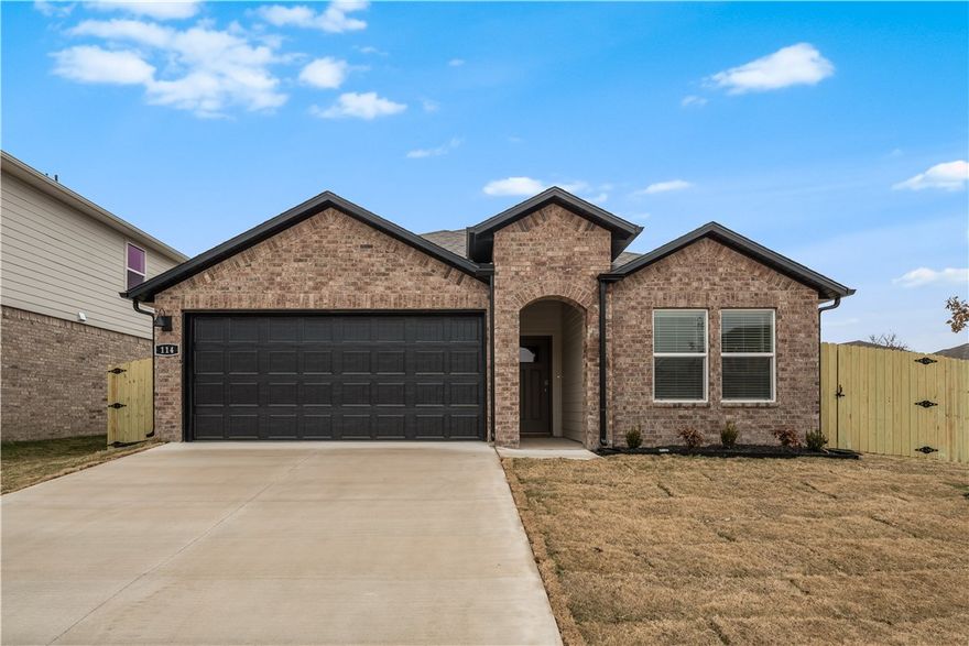 AVAILABLE NOW! Absolutely gorgeous new construction home available now in West Fayetteville. This unfurnished home features 4 bedrooms and 3 full baths. Luxury vinyl plank flooring & quartz countertops throughout. Kitchen boasts SS appliances, lots of countertop space, pantry and gas range.  Enjoy a spacious layout with ceiling fans, ample storage, and added garage shelving. Step outside to a covered back porch overlooking the fully fenced backyard (fence not pictured). This home is perfectly located in Fayetteville, AR - Close to the University of Arkansas Campus, Owl Creek, John L. Colbert Middle School, and I-49. Just minutes away from trails, eateries, schools, parks and lots more. Don't miss out on making this exceptional property your new home!