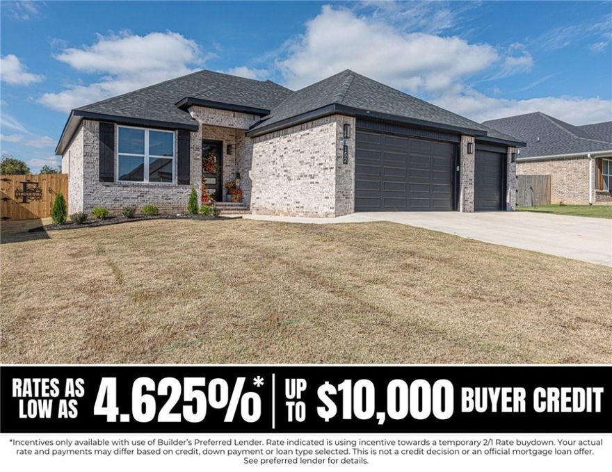 BUILD YOUR DREAM HOME! Buyers can choose colors and applicable options/selections now to May 30th, 2025 with accepted offer! This NEW CONSTRUCTION 3 bedrm 2 bathrm + Office home in the Mountain View Estates is just min from downtown Prairie Grove & under 10 mi to I-49 & Fayetteville! From the covered front porch head inside to a thoughtfully designed open concept space: Light & airy living w/ 10' ceilings, LVP floors throughout, dining area, & large kitchen feat: craftsman styled soft-close cabinetry, granite counters, stainless steel apps, pantry, & center island. Relax in the primary suite w tray ceiling & luxury private ensuite feat: separate sink vanities, private toilet, soaking tub, walk-in glass shower, & walk-in closet laundry access! Built-in hall tree for addl storage! Split floor plan with 2 add’l BRs and full BA. Enjoy the comfort of a covered back patio & fenced-in backyard! More Features incl: R42 attic insulation, eve plug for holiday lights w/ switch, 8' tall garage doors & over-sized 3-car garage!