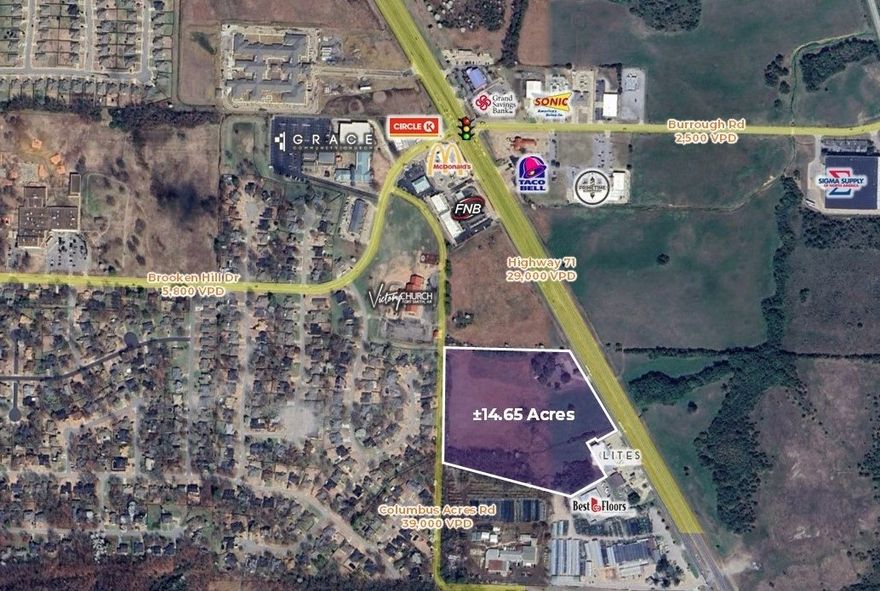 Approximately 560 linear feet of frontage on Highway 71 and approximately 650 linear feet of frontage on Columbus Acres Rd.  Prime location with high visibility on the heavily trafficked Highway 71, perfect for a mixed-use commercial development in a rapidly growing area.  The property has a ±1,418 SF office building that was previously a single-family residence with 8 parking spaces on-site.