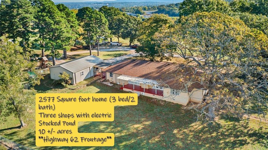 This spacious 2,577 sq ft home offers the perfect blend of comfort, functionality, and outdoor living. With 3 bedrooms and 2 bathrooms, this beautifully maintained property sits on 10 acres and includes a stocked pond (bass, catfish, and perch).  Inside, you'll find an updated kitchen with granite countertops, eat-in breakfast area, and formal dining room. Hardwood/engineered hardwood floors and tile run throughout the home.  A cedar-lined walk-in closet and a walk-in shower are located in the master bedroom, while the second bath features a convenient tub/shower combo.
Enjoy cozy evenings by the gas fireplace in the living room, and take advantage of abundant built-in storage throughout the home.
This property shines with three shops, one barn, and a shed-perfect for hobbies, storage, or small livestock.  
Don't miss your chance to own this rare combination of updated living and country charm — all just a short drive from town!