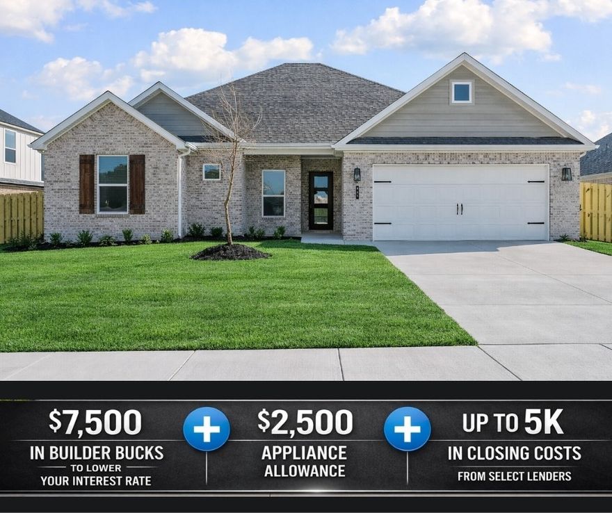 Bariloche sits less than 5 miles from I-49, offering convenient access to everything Northwest Arkansas has to offer.The Juniper floor plan features 2,158 square feet of thoughtfully designed one-story living; the open-concept layout seamlessly connects the living, dining, and kitchen areas—perfect for both everyday living and entertaining.Durable and stylish LVP flooring runs throughout the main living areas, kitchen, and hallways, combining beauty with easy maintenance. The spacious primary suite offers a private retreat and includes the added convenience of direct access to the laundry room.Bathrooms feature framed mirrors for a designer-quality finish, along with cabinets over the toilets to provide extra storage space and functionality.  For a limited time, Lower your interest rate with $7,500 from the builder + $2,500 appliance allowance + up to 5k in closing costs from select lenders. For a total of up to 15K with lender incentives. Fence, blinds, and gutters are all included.