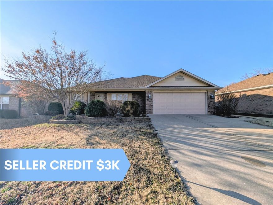 $3k Seller credit & Preferred lender credit up to $3k! This all-brick 3 bed, 2 bath home delivers the layout & location today’s buyers want. Minutes to the Walmart neighborhood market, Gateway park, Bentonville Community Center, Coler Mountain Bike Preserve, the Home Office campus, schools, shopping & dining! This is everyday convenience without sacrificing neighborhood feel. Inside, the split floor plan creates privacy between the primary suite and secondary bedrooms. The open living, kitchen, & dining flow is ideal for hosting, anchored by a gas fireplace & oversized island with bar seating. Plenty of natural light with skylights throughout the home. The primary suite features tray ceilings, a spacious bath with separate tub & shower. Enjoy the back yard with plenty of room for gardening, a walk around side walk to the front, firepit area, outdoor grill area ready for your own design. Low-maintenance brick exterior. Smart layout. Prime Bentonville access. Makes this a perfect investment property or primary home.