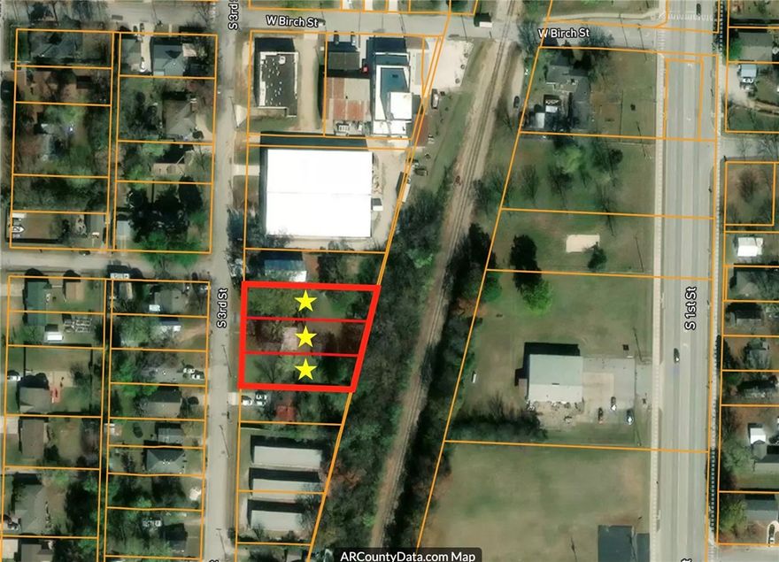 RARE ZONING - 3 Lots, Totaling .60acres, zoned as Industrial Arts or Town Center Low under the new unified code. This site has endless possibilities. Surveys, rezone and lot split details are complete and available. Each lot is 50' wide and varies in depth from 164' to the largest at 194'. Per the new code, up to 90% lot coverage and 6-story building height is allowable. . Read the full code here https://codehub.gridics.com/us/ar/rogers-udo. Property being sold as-is for land value only.