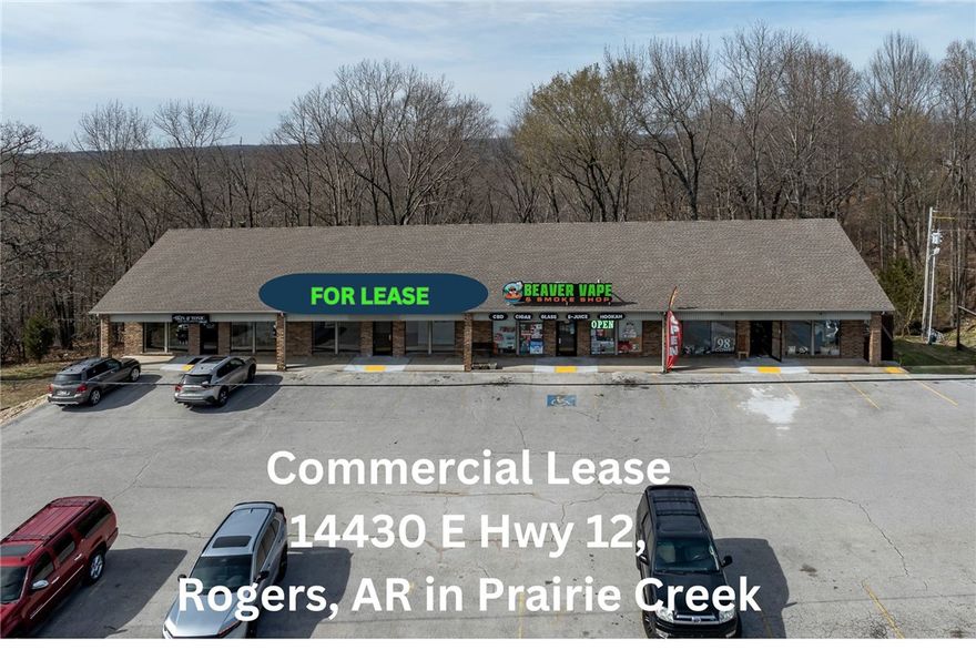 Great Visability Office/Retail space for lease directly off Hwy 12 in the Prairie Creek area east of Rogers, AR. Ample on-site customer parking.  Space has its own private bathroom.  Just 1 mile from Prairie Creek Marina on Beaver Lake which attacts thousands of locals and lake visitors each year making it an ideal spot for both destination and walk-in traffic.