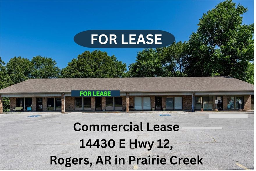 Great Visability Office/Retail space for lease directly off Hwy 12 in the Prairie Creek area east of Rogers, AR. Ample on-site customer parking.  Space has its own private bathroom.  Just 1 mile from Prairie Creek Marina on Beaver Lake which attacts thousands of locals and lake visitors each year making it an ideal spot for both destination and walk-in traffic.
