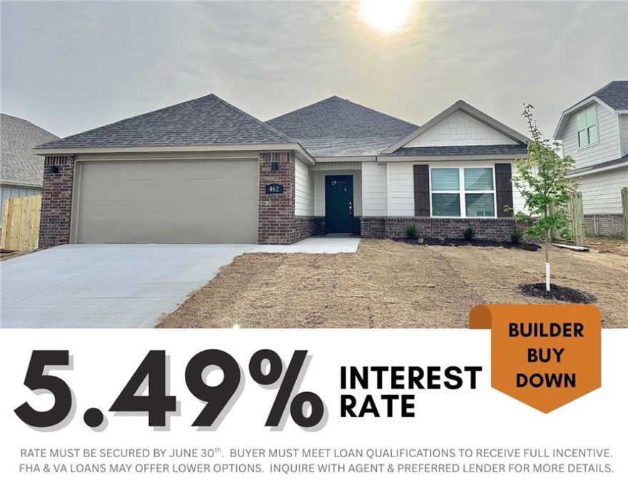5.49% INTEREST RATE/BUILDER BUY DOWN & fence, blinds and gutters included! Fredrick Plan-New Construction home in the beautiful subdivision of Towne West. New Middle School across the street AND 2 Miles to Centennial Park. Short distance from downtown & the University of Arkansas, this home offers convenience & accessibility to everything the area has to offer. Upgrades in this home are sure to impress, with features such as quartz countertops, stainless steel appliances, linear fireplace, painted case opening in the living room, wainscoting in the entry & LVP flooring. Spacious open floor plan allows for entertaining, while the bedrooms offer space for rest and relaxation. Fully fenced backyard with sod and covered patio to relax on. Great investment opportunity, with its desirable location, modern features making it an attractive option for both personal enjoyment and financial gain.