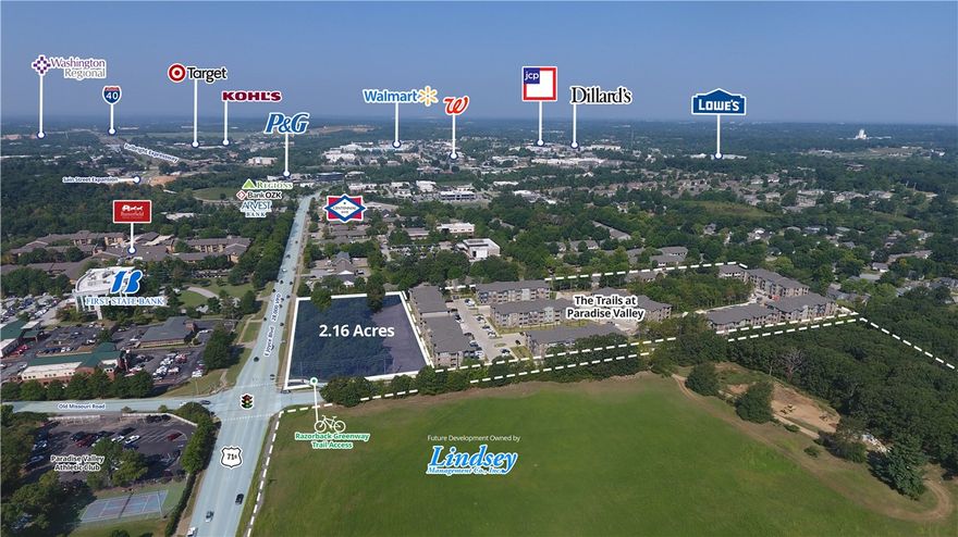 Highly-visible land available located at the E Joyce Blvd and N  Old Missouri Road intersection in Fayetteville, Arkansas. Desirable area with several new multifamily developments surrounding the property making this property a focal point for opportunity. Located in direct path of growth in the E Joyce Blvd corridor with a hefty traffic count of 28,000 cars per day.
• +/- 2.16  acres for sale or ground lease
• On hard corner with stoplight
• Surrounded by dense residential neighborhoods & retail
• In Fayetteville’s Business & Shopping District
• Zoned “C-S,” Community Services
• Perfect for retail, quick-serve restaurant, convenience store, etc.