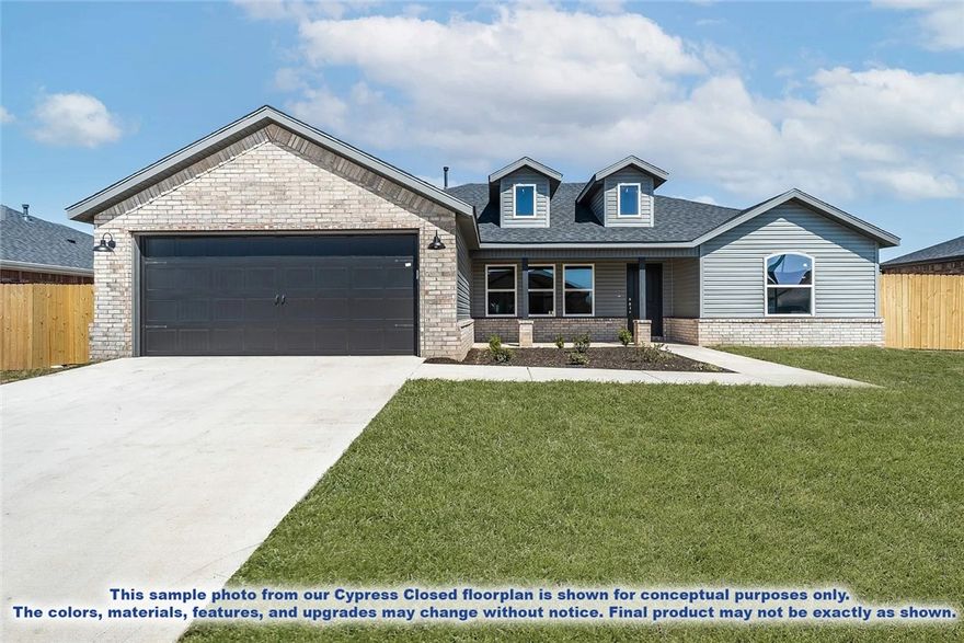 This home is based on the Cypress Open plan.
This charming 3-bedroom, 2-bath home features a bright living room that opens into a dining area just off the modern kitchen with stainless steel appliances and ample counter space. Enjoy the covered patio for outdoor dining, plus the convenience of open concept living and a spacious garage. Comfortable, stylish, and thoughtfully designed-this home has it all. Located close to Ward Nail Park, with quick access to all of NWA along Old Wire Road, this home has a very convenient location. A great opportunity to own a beautiful new construction home in one of Northwest Arkansas’ fastest-growing communities. Builder’s credit of $3,000 and Lenders Credit Up To $5,000 with Preferred Lender!