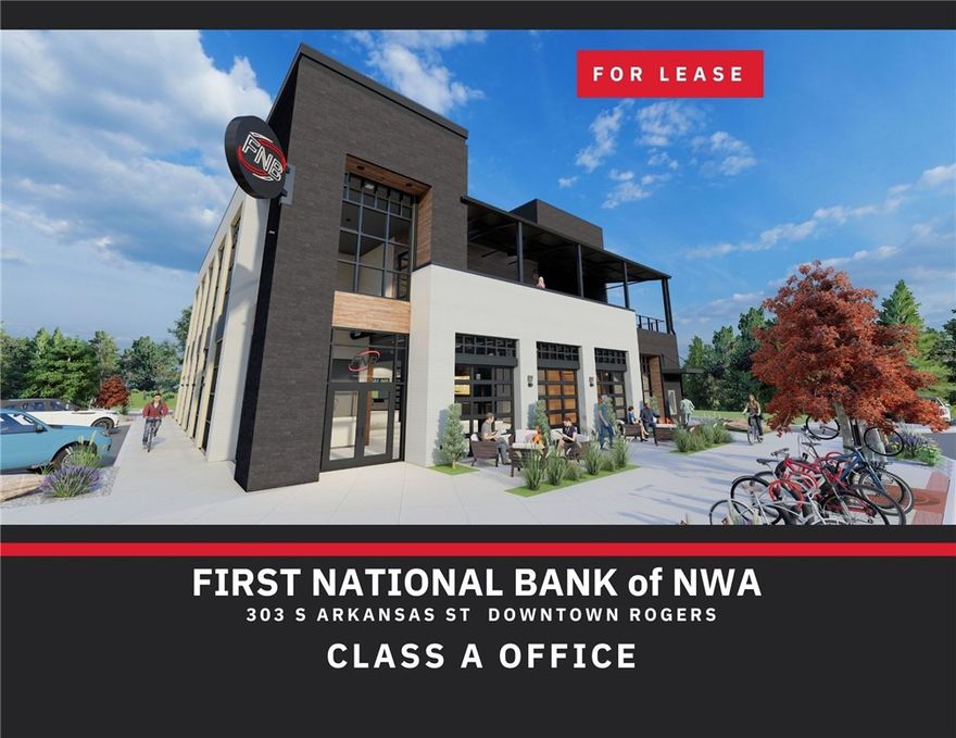 Rare opportunity to lease the only Class A office space in Downtown Rogers. This 2nd floor, 2,925 SF suite features a modern open floor plan with private Juliet balcony windows and abundant natural light. Tenants enjoy access to a shared conference room and a shared balcony overlooking Butterfield Stage and Downtown Rogers.
Ideally located adjacent to the Railyard Bike Park and steps from the Lake Atalanta Trail Head, the property offers a unique blend of professional office space and outdoor lifestyle amenities, all within walking distance to downtown dining, retail, and entertainment.