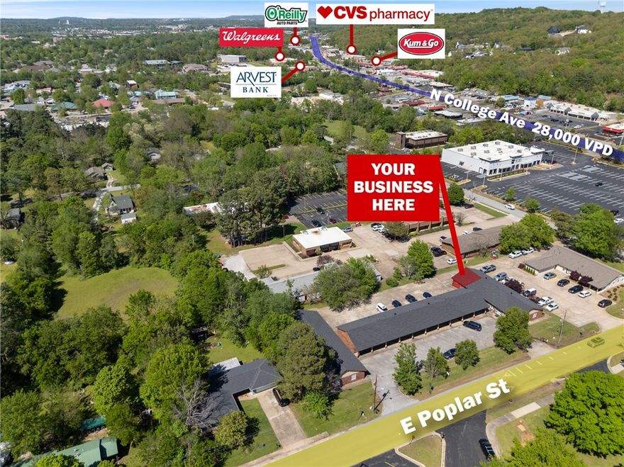 Newley renovated +/- 726 SF of office space located just one minute from N College Ave in Fayetteville. This space features a large reception/waiting area, three private offices, a flex room that can be used as a fourth office, a kitchen, one private restroom, a storage closets, and equipped with a rear door to extra parking. Conveniently located across the street from Woodland Junior High School, the property is approx. 2.2 miles from the University of Arkansas, 3.5 miles from I-49, and just 1 mile from Walgreens, CVS, Kum & Go Gas Station, and Arvest Bank. This location offers excellent accessibility and visibility, making it ideal for a variety of professional office uses. Offered on a modified gross lease, tenant is responsible for electric in the landlord's name (billed to tenant monthly) and $100/mo for water and trash services. Rent is $1,300/mo
