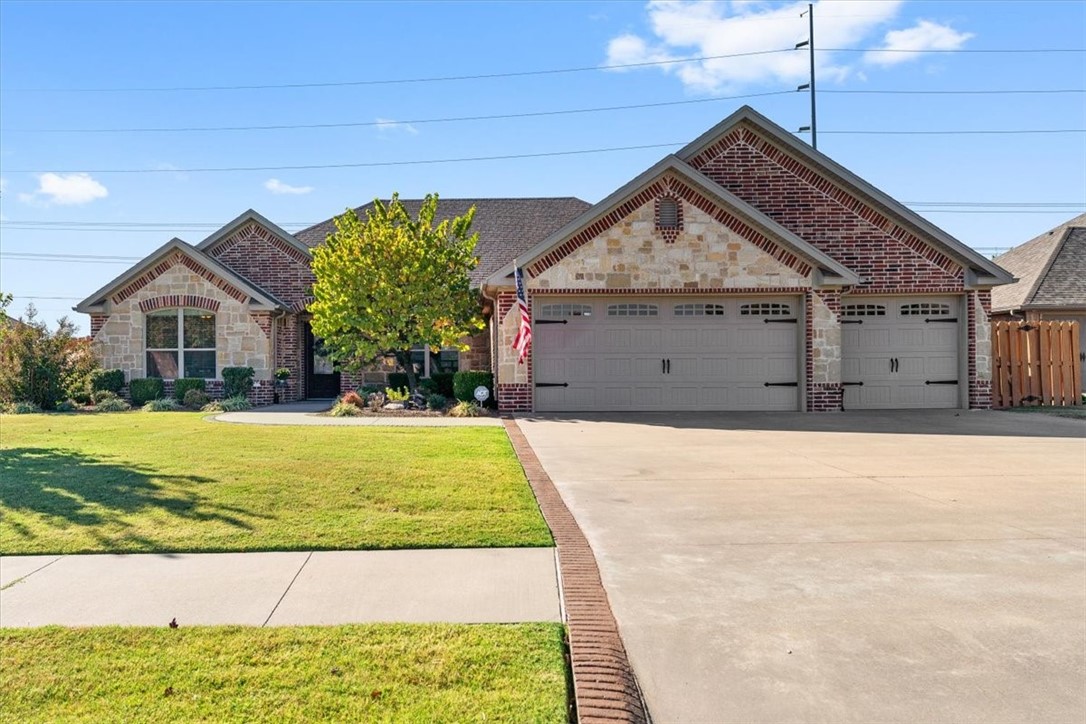 Welcome to Riverwalk Farm Estates, where luxury and craftsmanship shine in this custom brick and stone single-level home. This 4-BR 2.5-BA home is near top-rated Bentonville schools and the Little Osage Creek Trail, connecting to Creekside Park and Bentonville trail system.The wide entryway opens into a large living room with handscraped hardwood floors, cozy gas fireplace, and a coffered ceiling with feature lighting.Kitchen includes a large island, granite countertops and a walk-in pantry, cleverly concealed behind a cabinet door for added elegance.High-end finishes continue throughout, with 10-foot ceilings, extensive crown molding, and custom under-cabinet lighting. The primary suite offers a lighted tray ceiling, while the spa-like bath provides a peaceful retreat. 3 car garage is prewired for electric vehicles and a generator.Outside features covered patio, equipped with a natural gas line for effortless grilling. Neighborhood amenities include a pool, playground, sports courts and more. Donāt miss this gem!