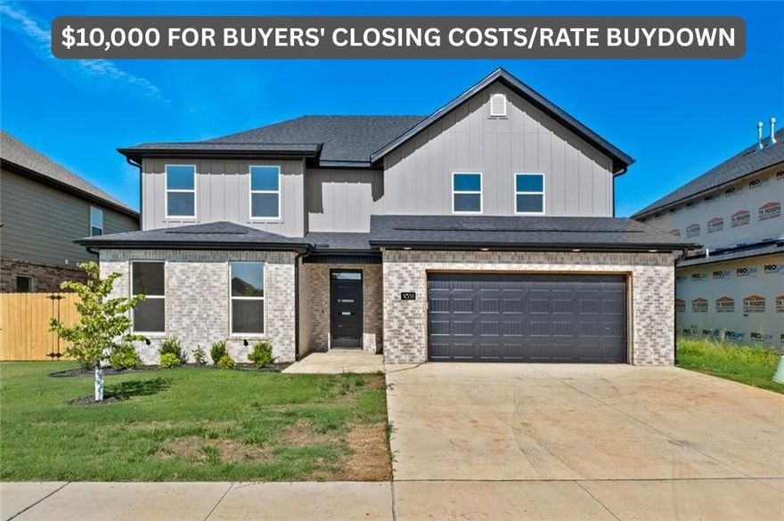 $10,000 Seller credit for Buyer Closing Costs/Rate buy down. Find your dream home in one of NWA’s most exciting new communities—Paradise Park! Nestled between Bentonville Schools, Gamble Elementary, Bentonville West High, Kinyon Sports Complex, the future Centerton Community Center, and just minutes from the interstate, this home has so much to offer. This beautiful East-facing home features modern design and everyday luxuries. Step inside to an elegant foyer, unique finishes, and luxury vinyl flooring throughout the main level. A sleek fireplace wall with beautiful millwork adds a bold focal point. The gourmet kitchen features custom cabinetry, quartz counters, a spacious pantry, and energy star appliances. Spa-like baths boast floor-to-ceiling tiled showers, designer lighting, and a soft neutral palette. The smart layout includes a main-level primary and guest suite, with two bedrooms, a full bath, and a theater/game room upstairs. Covered patio with gas hookup and fenced yard complete the package. Welcome home!