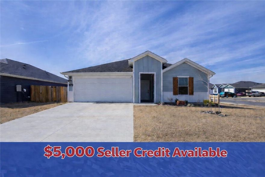 Completed in July 2024, this 4 Bed 2 Bath home offers a spacious open floor plan designed for both everyday living and entertaining. The oversized bedrooms provide generous space and flexibility, while the light-filled living area flows seamlessly into the kitchen and dining spaces. The kitchen features granite countertops, stainless steel appliances, 36” cabinets with crown molding, an undermount sink, pantry, and LED lighting throughout. Luxury vinyl plank flooring runs through the main living areas, adding both style and durability. Recent upgrades include a new roof installed August 2025, new windows on the backside of the home, blinds, and privacy-fenced backyard — perfect for pets, play, or relaxing outdoors.Refrigerator, washer, and dryer all convey, making this home truly move-in ready. The exterior offers four sided Hardie siding, covered front porch & patio & a desirable corner lot in a subdivision with cul-de-sac streets.Owners are only selling because of relocating for work out of state. Don’t miss out!